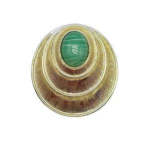 Large Signed Vintage Sarah Coventry Brooch Pendant Green Agate Glass Cabochon